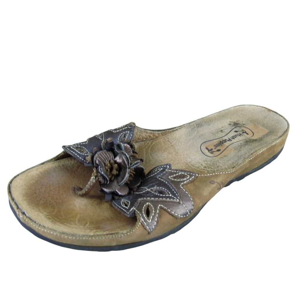 Hush Puppies Women's‎ Brown Leather Floral Slip-On Flip Flop Sandals Size 8 M